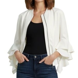 # A216  Street Chic  CQ by CQ  White Ruffle Sleeve  Bomber Jacket  NWOT  S